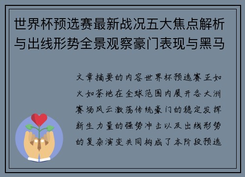 世界杯预选赛最新战况五大焦点解析与出线形势全景观察豪门表现与黑马 世界杯预选赛最新战况五大焦点解析与出线形势全景观察豪门表现与黑马